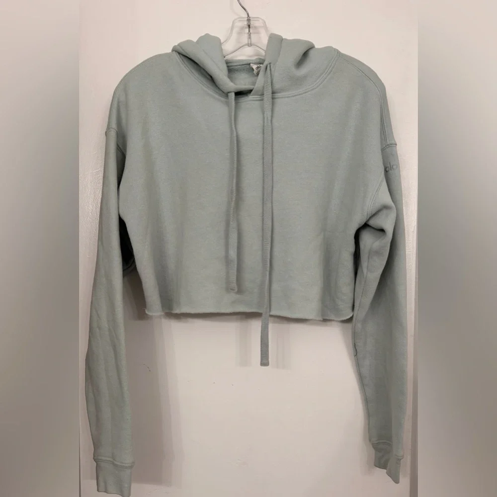 ALO Yoga Cropped Raw Edge Hoodie Light Blue Size Small